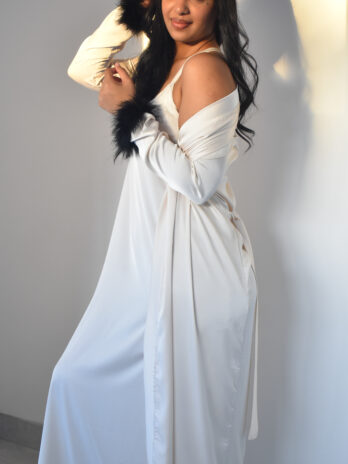 Satin Milk Winter Robe with Fur Cuff
