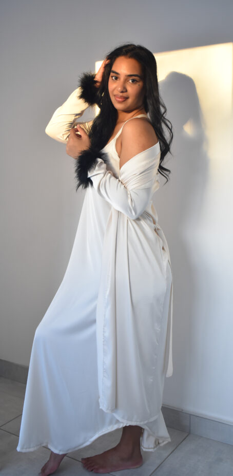 Satin Milk Winter Robe with Fur Cuff