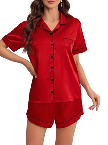 PJ Warehouse Ruby Red Satin Short Top Short Pants Pj /Black Piping