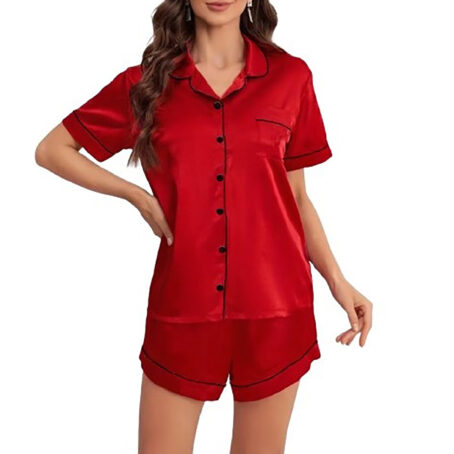 PJ Warehouse Ruby Red Satin Short Top Short Pants Pj /Black Piping