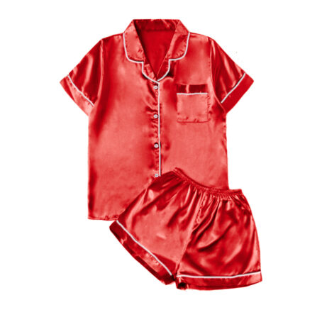 PJ Warehouse Ruby Red Satin Short Top Short Pants Pj /Black Piping - Image 2