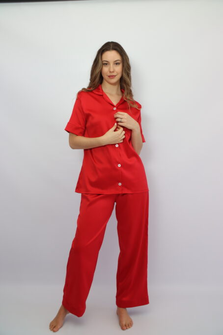 Short top Long Pants Red Satin Pj
