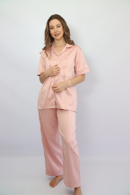 Short top Long Pants Pink Satin Pj