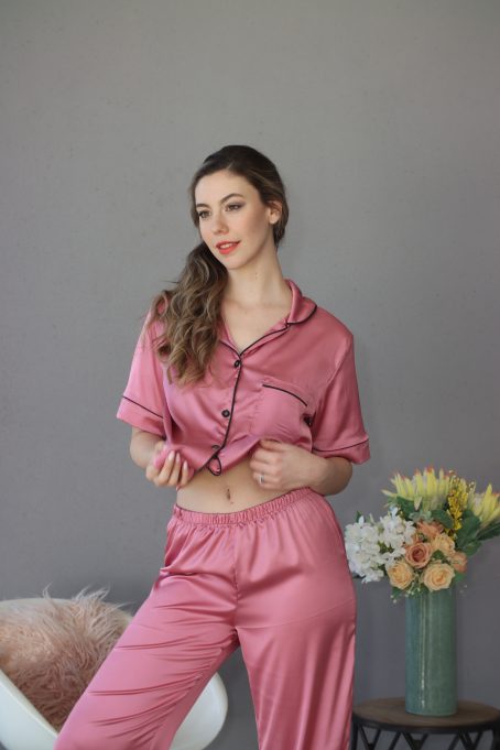 Short top Long Pants Plum Satin Pj - Image 4