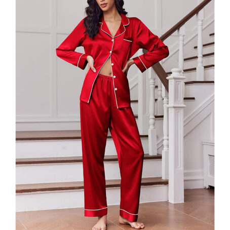 PJ Warehouse Ruby Red Satin Winter Pj with White Piping