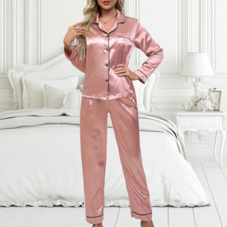 PJ Warehouse Satin Pink Winter PJ with Black Piping - Image 2