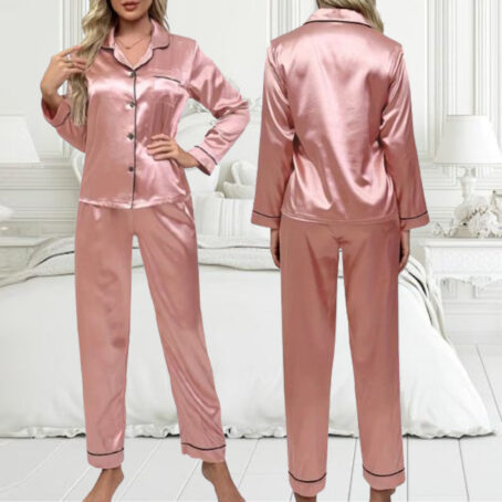 PJ Warehouse Satin Pink Winter PJ with Black Piping