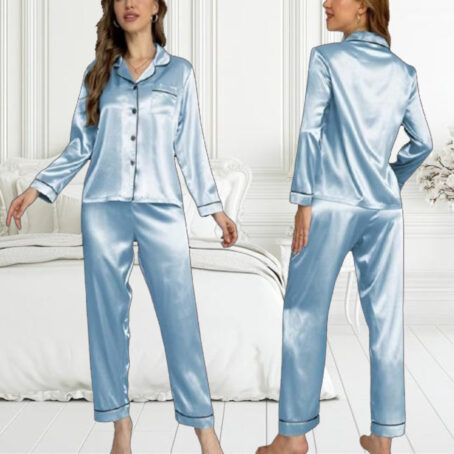 PJ Warehouse Sky Blue Satin Winter PJ with Black Piping