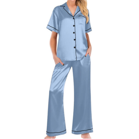 PJ Warehouse Sky Blue Satin Short Top Long Pants PJ with Black Piping