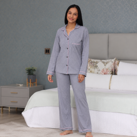 Grey Long Winter Pajama Set with Pink Piping