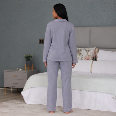 Grey Long Winter Pajama Set with Pink Piping - Image 2