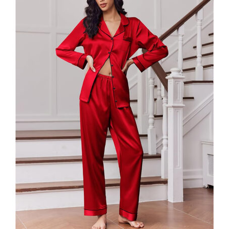 PJ Warehouse Ruby Red Satin Winter Pj with Black Piping