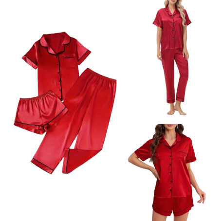 PJ Warehouse Red Satin Short top, Short pants & Long pants with Black Piping