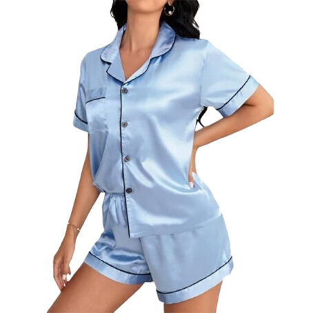 PJ Warehouse Sky Blue Satin Short top, Short pants & Long pants with Black Piping - Image 2