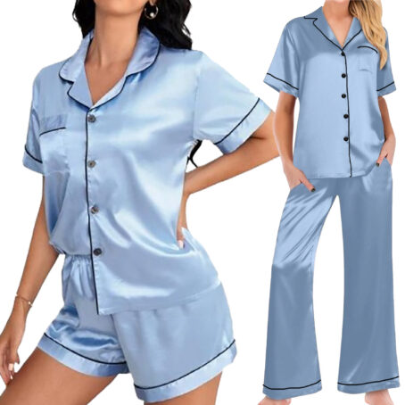 PJ Warehouse Sky Blue Satin Short top, Short pants & Long pants with Black Piping