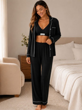 PJ Warehouse Black Winter Pyjamas & Sleeping Bra Set
